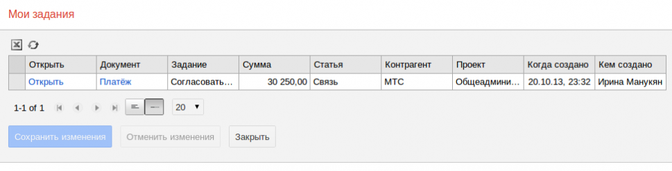 Таблица заданий