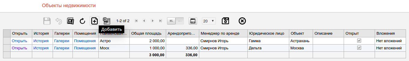 Таблица объектов недвижимости